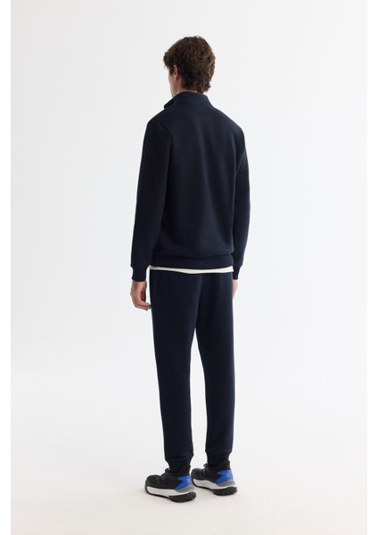 Erkek Lacivert Dik Yaka Fermuarlı 3 İplik Şardonlu Sweatshirt E001020