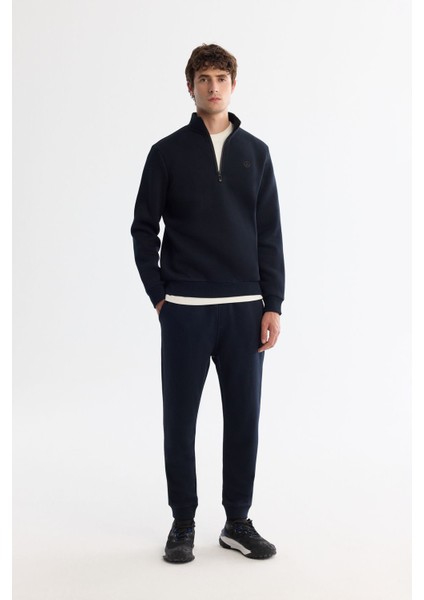 Erkek Lacivert Dik Yaka Fermuarlı 3 İplik Şardonlu Sweatshirt E001020