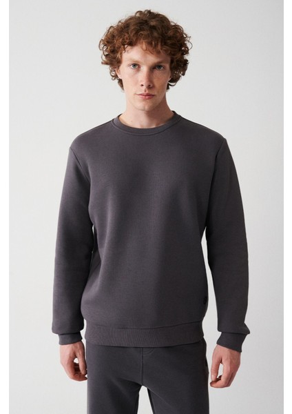 Erkek Antrasit Bisiklet Yaka 3 Iplik Şardonlu Pamuklu Sweatshirt E001017