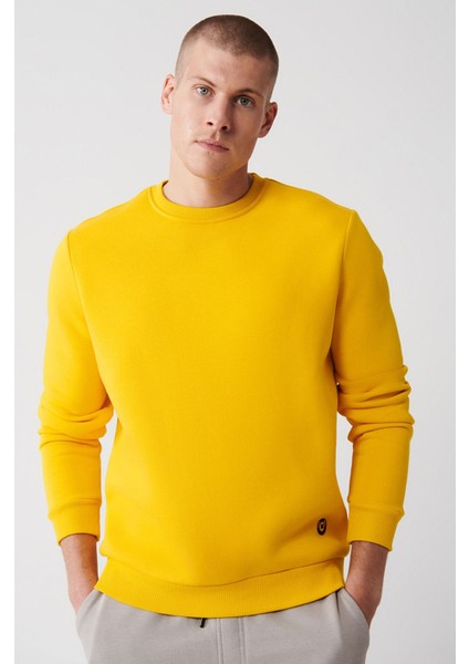 Erkek Sarı Bisiklet Yaka 3 Iplik Şardonlu Pamuklu Sweatshirt E001017