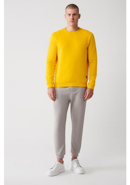 Erkek Sarı Bisiklet Yaka 3 Iplik Şardonlu Pamuklu Sweatshirt E001017