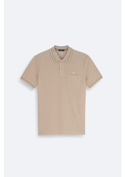 Erkek Bej Kıvrılmaz Yaka Cepli 2 Düğmeli Polo Yaka T-shirt E001031