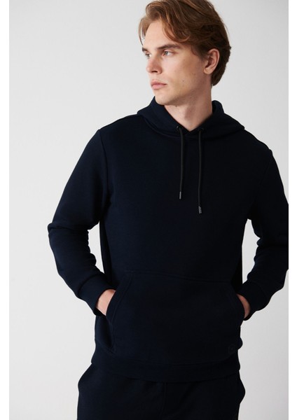 Erkek Lacivert Kapüşonlu 3 Iplik Şardonlu Pamuklu Sweatshirt E001018