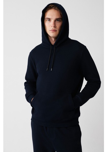 Erkek Lacivert Kapüşonlu 3 Iplik Şardonlu Pamuklu Sweatshirt E001018 indirimleri