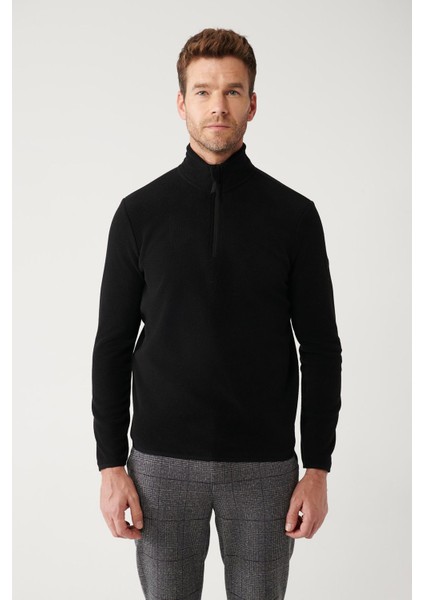 Erkek Siyah Soğuğa Dayanıklı Yarım Fermuarlı Dik Yaka Polar Sweatshirt E001068 modelleri