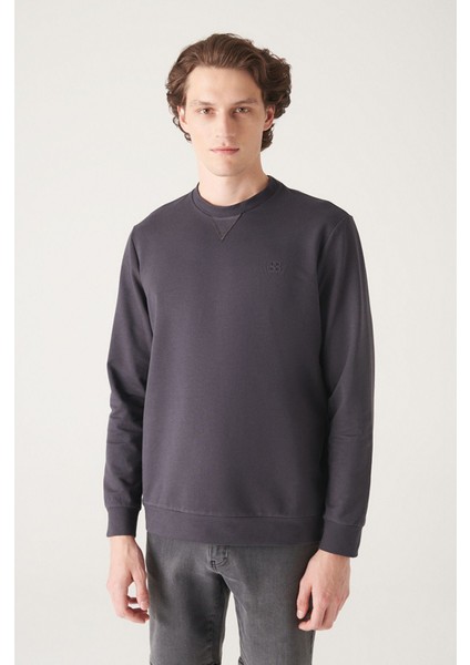 Erkek Antrasit Bisiklet Yaka Pamuklu 2 Iplik Şardonsuz Sweatshirt E001200