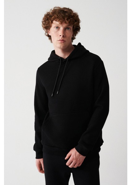 Erkek Siyah Kapüşonlu 3 Iplik Şardonlu Pamuklu Sweatshirt E001018 indirimleri