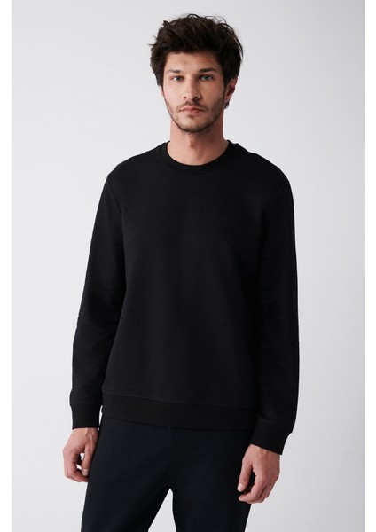 Erkek Siyah Bisiklet Yaka Pamuklu 2 Iplik Şardonsuz Sweatshirt E001200