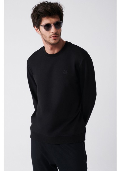 Erkek Siyah Bisiklet Yaka Pamuklu 2 Iplik Şardonsuz Sweatshirt E001200 modelleri