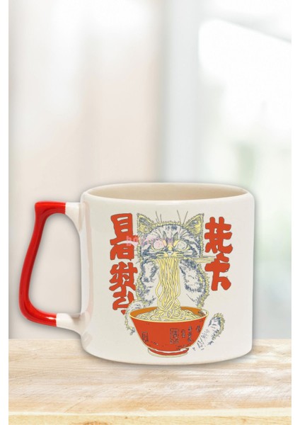 Ramen Kedi Noodle 2 Baskılı Sevimli Japon Manga Doğum Günü Hediye Kırmızı Kulplu Kupa Bardak