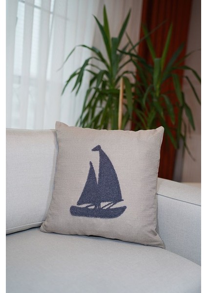 Homesepet Punch Nakışlı Keten Kırlent Kılıfı Yelken Desenli (2 Adet)