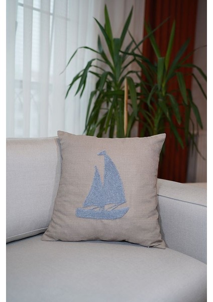 Homesepet Punch Nakışlı Keten Kırlent Kılıfı Yelkenli Desenli (2 Adet)