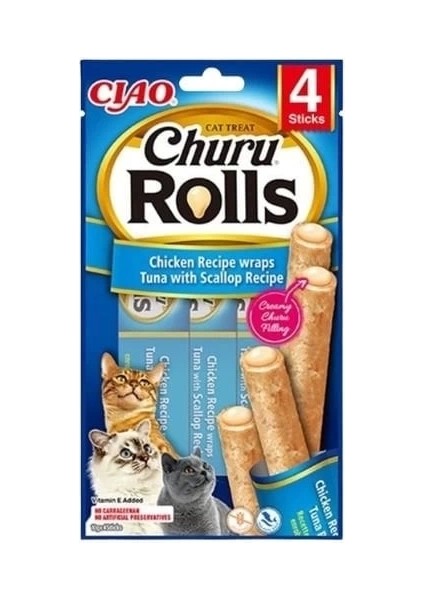 Inaba Ciao Churu Rolls Sticks Tavuk Sargılı Deniz Taraklı ve Ton Balıklı Kedi Ödül Maması 10 gr 4 Adet