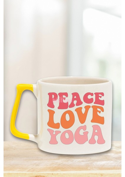 "peace Love Yoga" Huzur Aşk Yoga Arkadaşa Sevgiliye Doğum Günü Hediye Sarı Kulplu Kupa Bardak