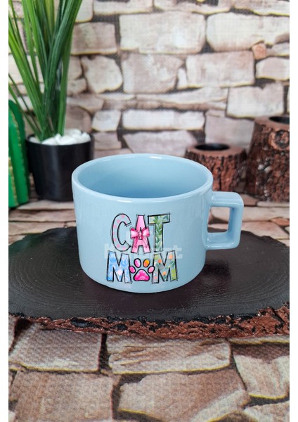Cat Mom Desenli Kedi Annesi Kedisever Şık Kare Kulplu Fincan Mavi Kupa Bardak