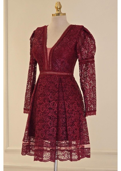 Bordo Dantelli Kısa Abiye 1451