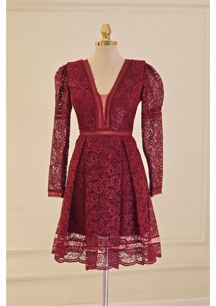 Bordo Dantelli Kısa Abiye 1451