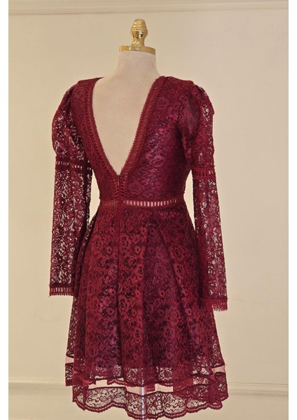 Bordo Dantelli Kısa Abiye 1451