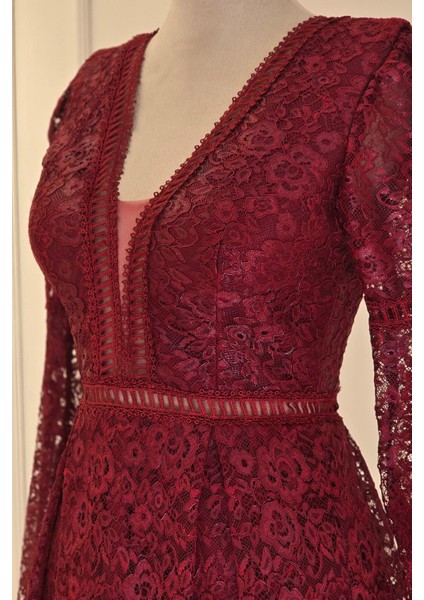 Bordo Dantelli Kısa Abiye 1451