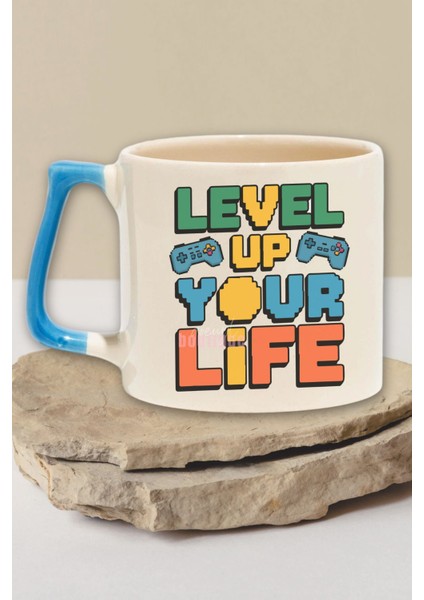 "lever Up Your Life" Gamer Arkadaşa Sevgiliye Doğum Günü Hediye Mavi Kulplu Kupa Bardak