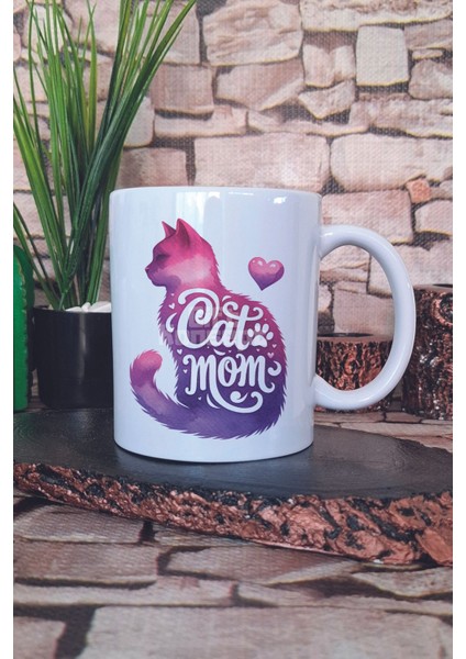Cat Mom Temalı Kedi Annesi Kedisever Hediyelik Baskılı Çay Kahve Sunum Kupa Bardak