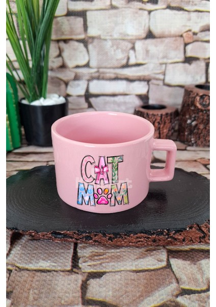 Cat Mom Desenli Kedi Annesi Kedisever Şık Kare Kulplu Fincan Pembe Kupa Bardak