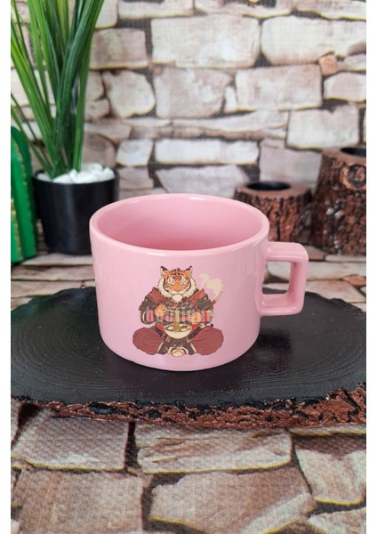Ramen Tiger 1 Baskılı Japon Kaplan Noodle Anime Sanatı Kare Kulplu Fincan Pembe Kupa Bardak
