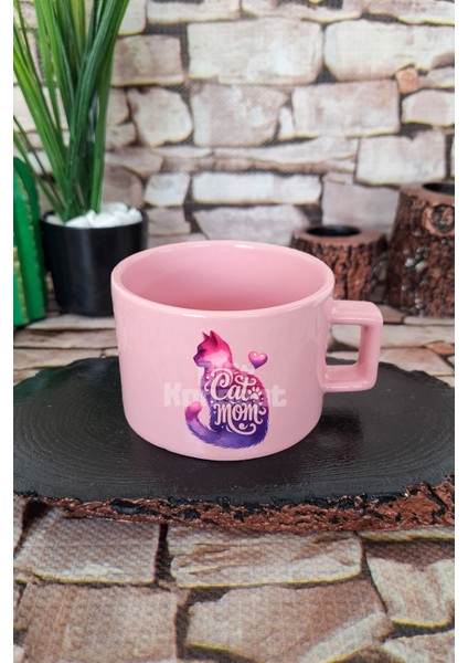 Cat Mom Temalı Kedi Annesi Kedisever Figürlü Kare Kulplu Fincan Pembe Kupa Bardak