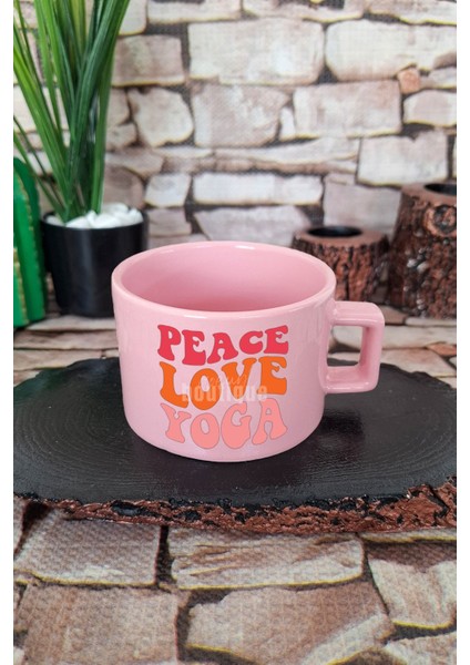 Peace Love Yoga Huzur Aşk Yoga Kare Kulplu Fincan Pembe Kupa Bardak