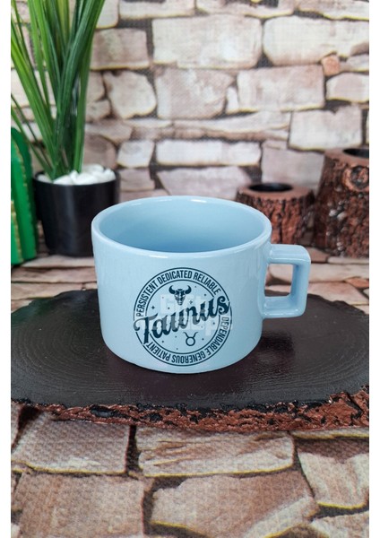 Taurus Traits Baskılı Boğa Burcu Kare Kulplu Fincan Mavi Kupa Bardak