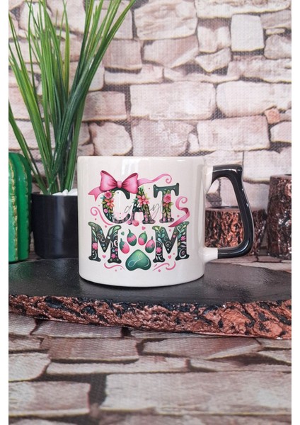 Cat Mom Figürlü Kedi Annesi Kedisever Sevimli Hediyelik Kulplu Kupa Bardak