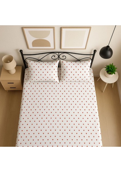 Amour Kalp Desenli %100 Pamuk Çift Kişilik Çarşaf Takımı- 2 Yastık Kılıfı Dahil fiyatları