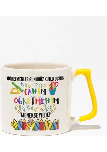 Öğretmenler Günü Baskılı | Kişiye Özel Hediyelik | Sarı Kulplu Modern Seramik Kupa