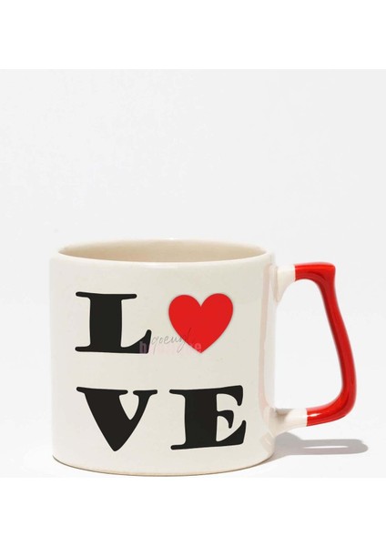 Love Aşk Hediye Baskılı Kırmızı Kulplu Modern Seramik Kupa
