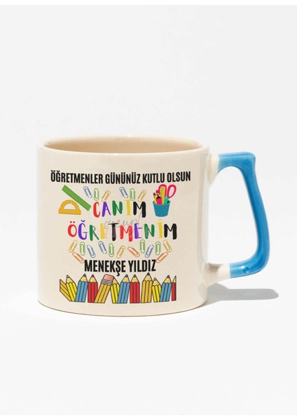 Öğretmenler Günü Baskılı | Kişiye Özel Hediyelik | Mavi Kulplu Modern Seramik Kupa