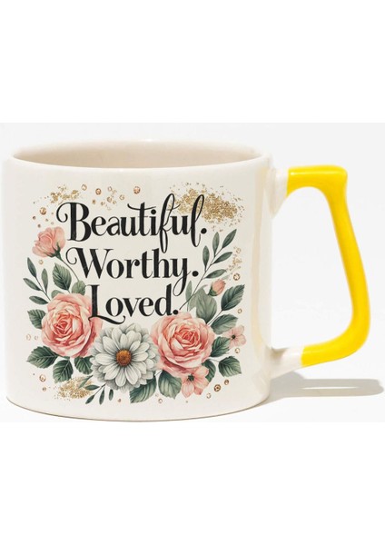 Beautiful Worthy Loved Mother Baskılı Anneler Günü Hediyelik Sarı Kulplu Modern Seramik Kupa