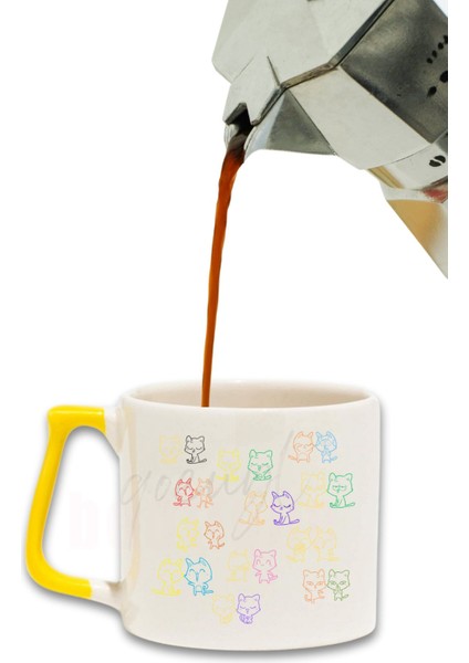 Kediler Mahallesi Baskılı Hediyelik Renkli Kulplu Modern Seramik Kupa