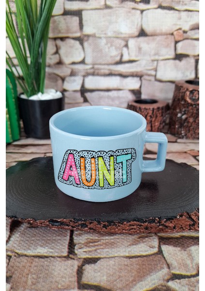 Aunt Yazılı Baskılı Şık Hala Teyze Kare Kulplu Fincan Mavi Kupa Bardak