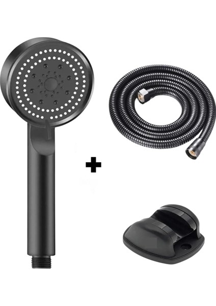 Turbo Fanlı 3'lü Set Siyah 5 Fonksiyonlu Turbo Jet Pervaneli Duş Başlığı+ Örgülü Hortum (150cm) +Askı Aparatı