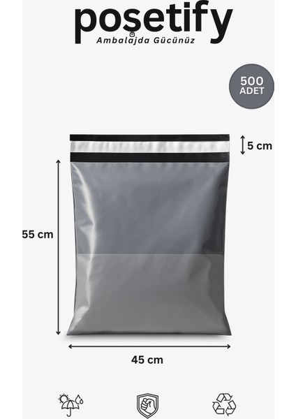 Gri Cepli Kargo Poşeti 45X55+5 cm | Yapışkan Bantlı Gönderi Zarfı | 500’LÜ E-Ticaret Poşeti