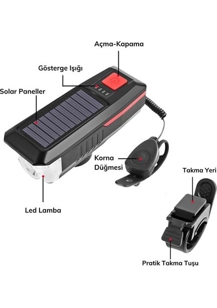 Solar Enerjili USB Ile Şarj Edilebilir Ledli Bisiklet Feneri Kornalı ve Su Geçirmez Far modelleri