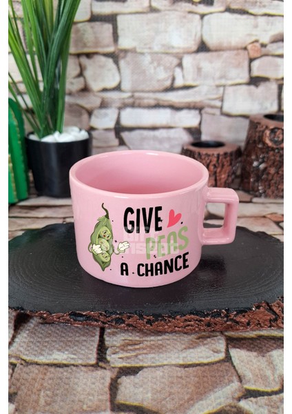 Give Vegan A Chance Baskılı Kare Kulplu Fincan Pembe Kupa Bardak
