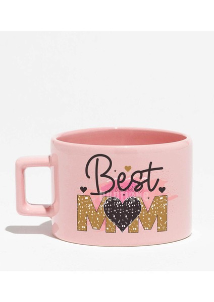 Best Mom No:2 Baskılı Anneler Günü Hediyelik Pembe Dikdörtgen Kulplu Fincan Kupa Bardak