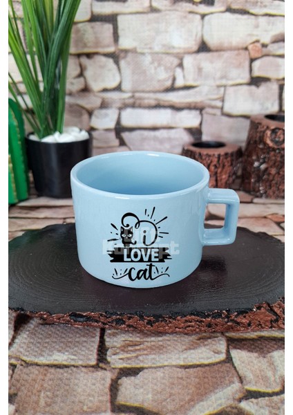 Love Cat Baskılı Kedi Sevgisi Kedisever Aşkı Kare Kulplu Fincan Mavi Kupa Bardak