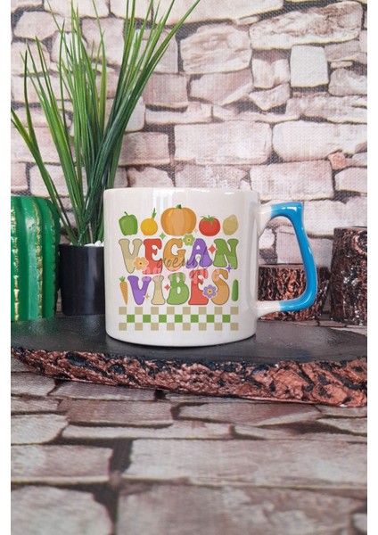 Vegan Vibes Şık Baskılı Modern Hediyelik Kulplu Kupa Bardak