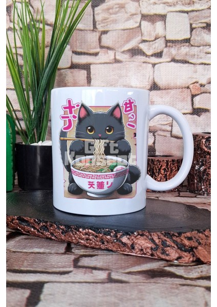 Ramen Kedi Noodle 4 Baskılı Japon Yiyecek Anime Kedi Hediyelik Baskılı Çay Kahve Sunum Kupa Bardak