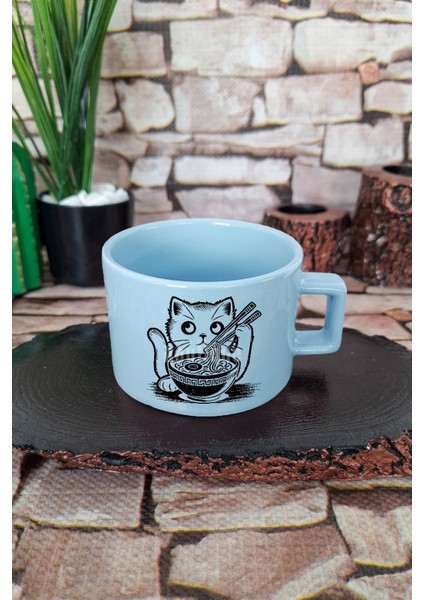 Ramen Siyah Çizim Kedi Baskılı Japon Anime Manga Sanatı Kare Kulplu Fincan Mavi Kupa Bardak