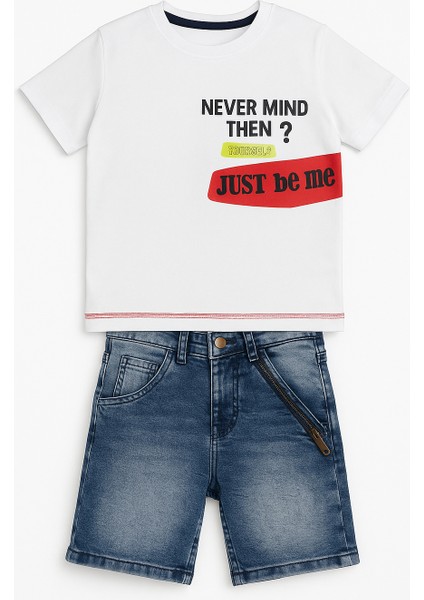 Erkek Çocuk Pamuklu Baskılı T-Shirt ve Fermuar Detaylı Kot Şort Takım fiyatları