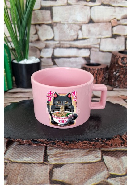 Ramen Kedi Noodle 4 Baskılı Japon Yiyecek Anime Kedi Kare Kulplu Fincan Pembe Kupa Bardak