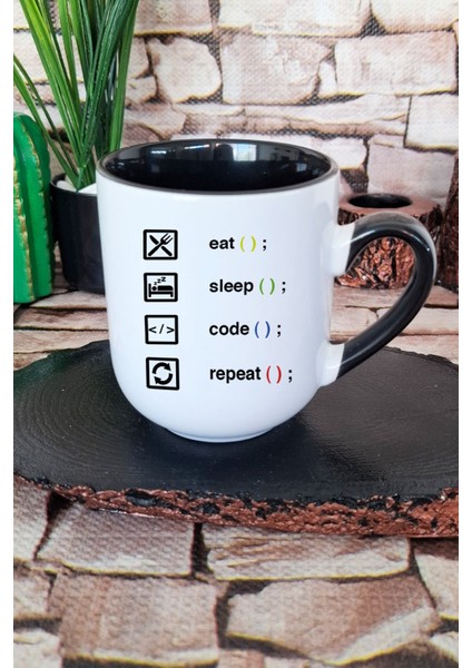 Eat Sleep Code Repeat Yazılımcı Mühendis Hediye Baskılı Içi ve Kulpu Siyah Premium Kupa Bardak